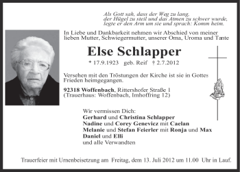 Traueranzeige von Else Schlapper von Pegnitz-Zeitung